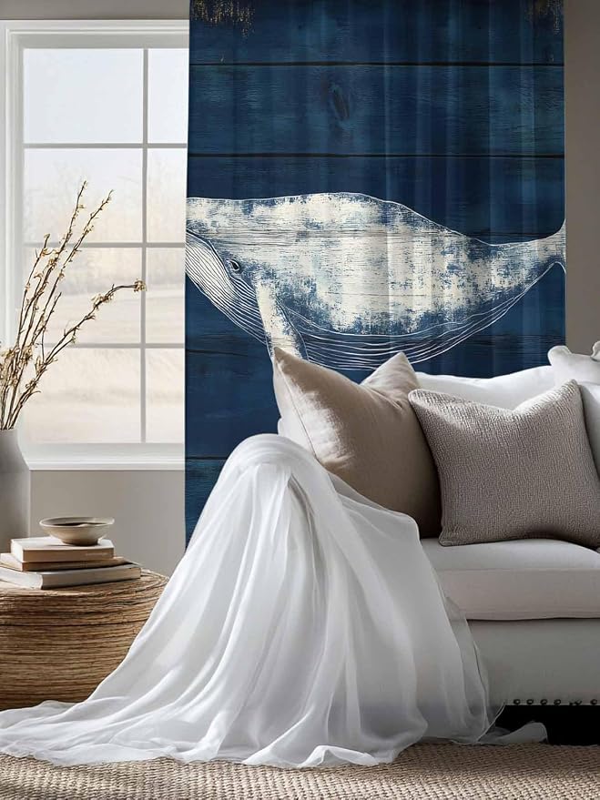 Sheer Curtains 72 Inches Long, Summer Whale Semi Sheer Curtains Light Filtering