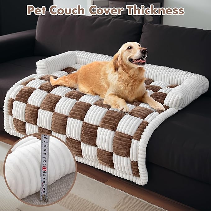 LiveGo Fuzzy Pet Couch Covers for Sofa, Dog Couch Cover Fuzzy Sofa Cover Cream Square Plaid Dog Bed Plush Dog Mat for Furniture Protector for Large Medium Dogs and Cats