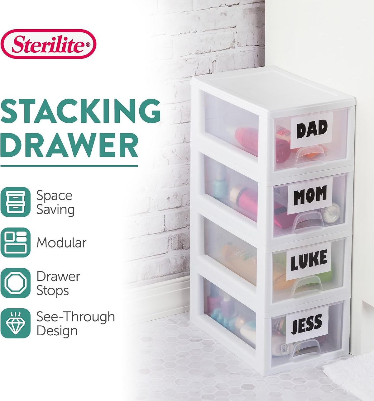 Sterilite Stacking Drawer Storage Organizer for Clothes, 6 Quart, 6-Pack