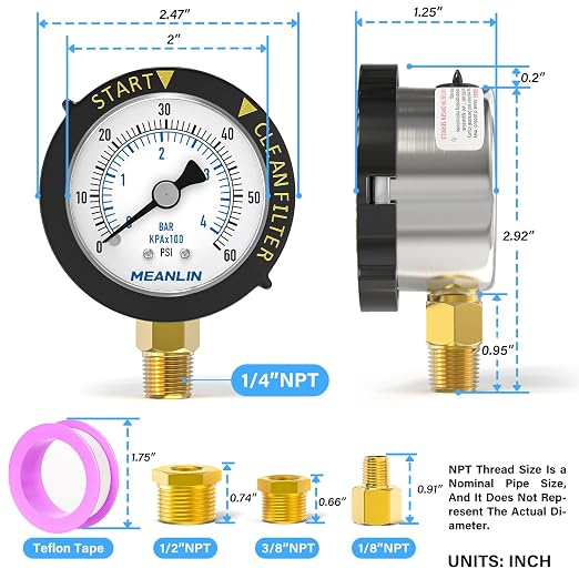 MEANLIN MEASURE 0~60Psi Stainless Steel Start and Clean Filter Pressure Gauge