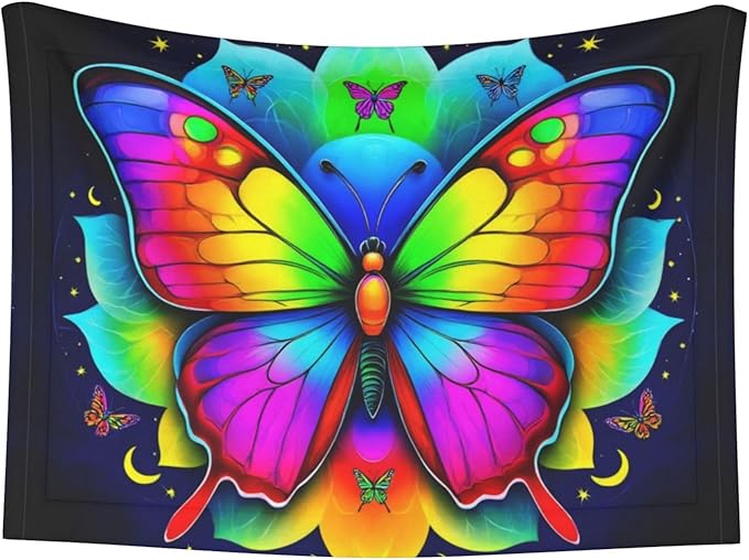 Two Sided Plush Pet Blanket for Warmth Comfort, Butterflies Mandala Rainbow Art Black and White, Reversible Throw with Cozy Nubby Side for Chilly Nights Napping Spots Around House