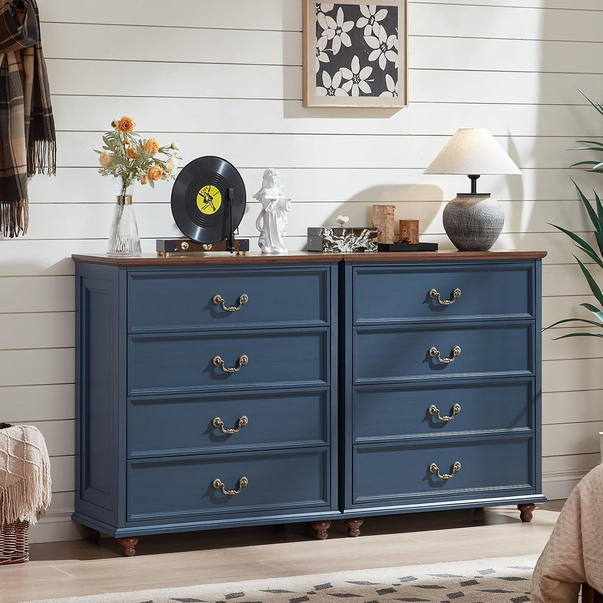 Joaxswe Farmhouse 4 Drawer Dresser for Bedroom, 37" Tall Rustic Chests of Drawers w/ 4 Solid Wood Feet, Mid Century Modern Wooden Closet Storage Dressers Organizer for Living Room, Hallway, Navy Blue