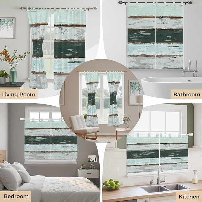Blue Teal Kitchen Curtains 24 Inch Length, Small Window Curtains Tab Top