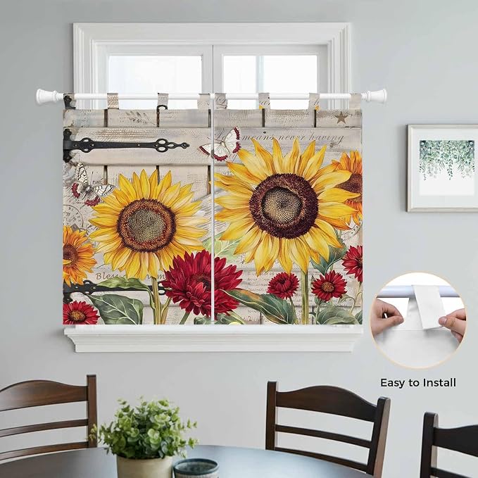 Red Yellow Sunflowers Kitchen Curtains 45 Inch Length, Short Cafe Window