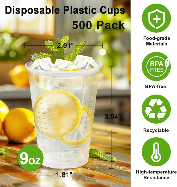 Lamosi 500 Count 9 oz Clear Plastic Cups, Disposable Cold Drinking Cups |