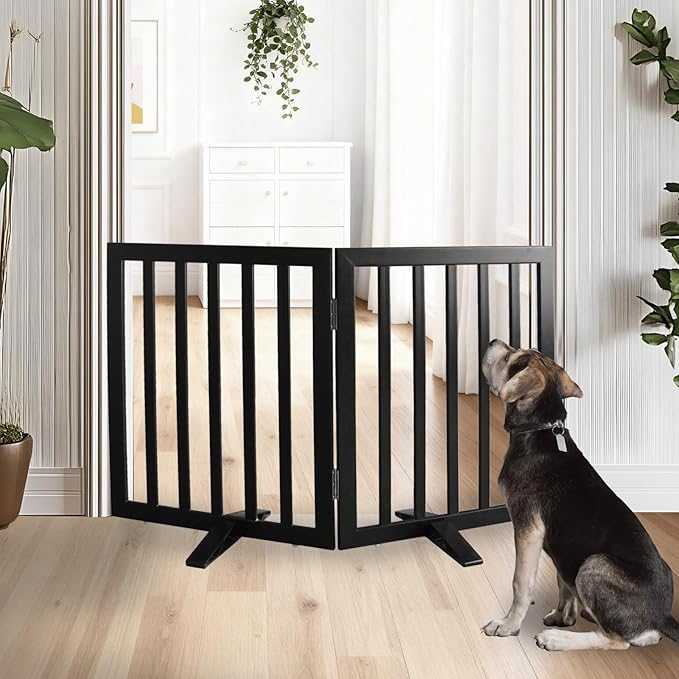 ZJSF Freestanding Indoor Dog Gate for House Foldable Wood Puppy Gate for Doorways Pet Gate for Stairs Extra Wide Pet Fence, Black, 24" Height 2 Panels