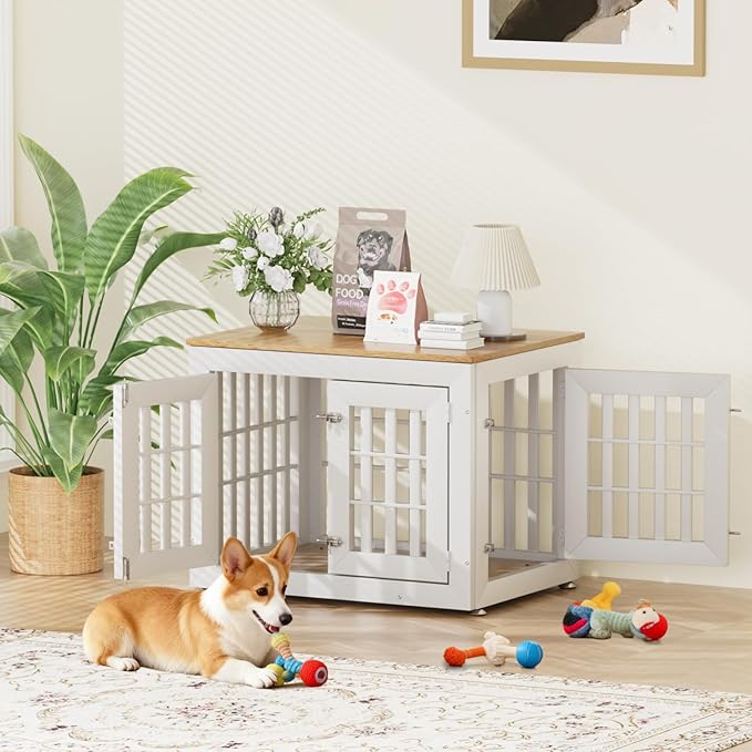32" Heavy Duty Dog Crate Furniture for Small,Medium and Large Dogs,Rustic Wooden Dog Cage Kennel Indoor Furniture with Waterproof Top,Decorative Pet House Side End Table (White & Wood)