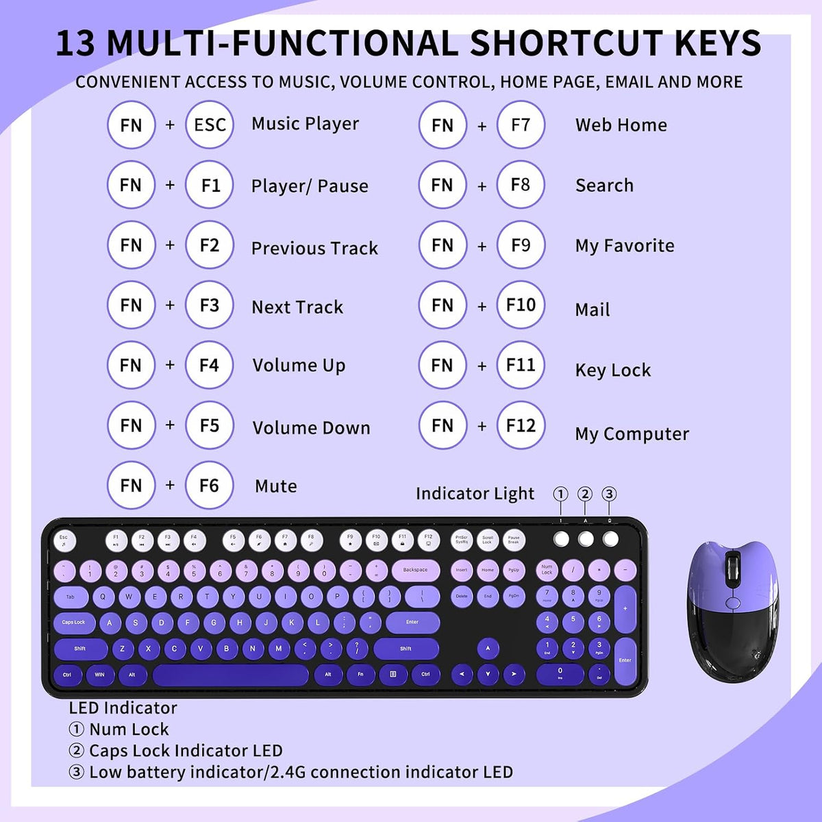 Wireless Keyboard and Mouse, 104 Round Keycaps Retro Typewriter Purple