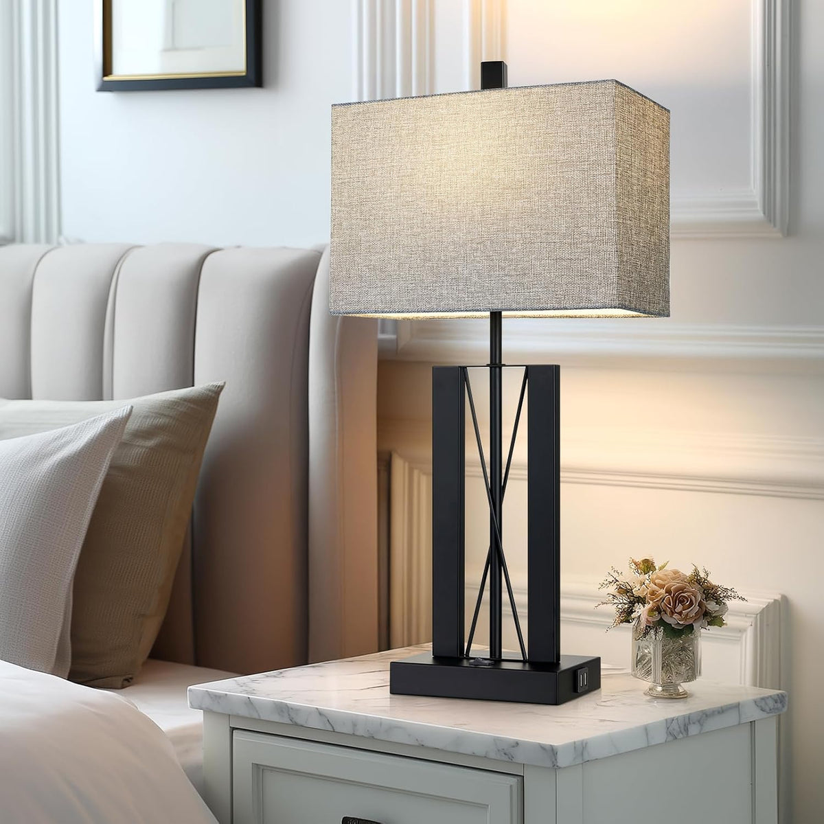 Lolikit 25" Table Lamps Set of 2, Modern Table Lamp for Living Room with 2 USB Charging Ports, Nightstand Geometric Industrial Bedside Lamp with Gray Shade for Bedrooms End Table Decor, Bulbs Included