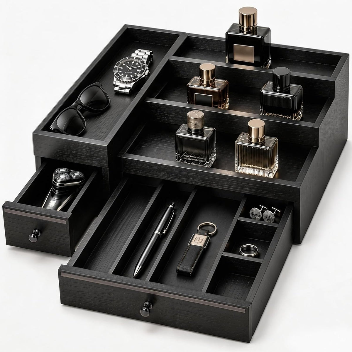 2-Drawer Cologne Organizer for Men, Fully Assembled, Solid Pine, Black/Gray