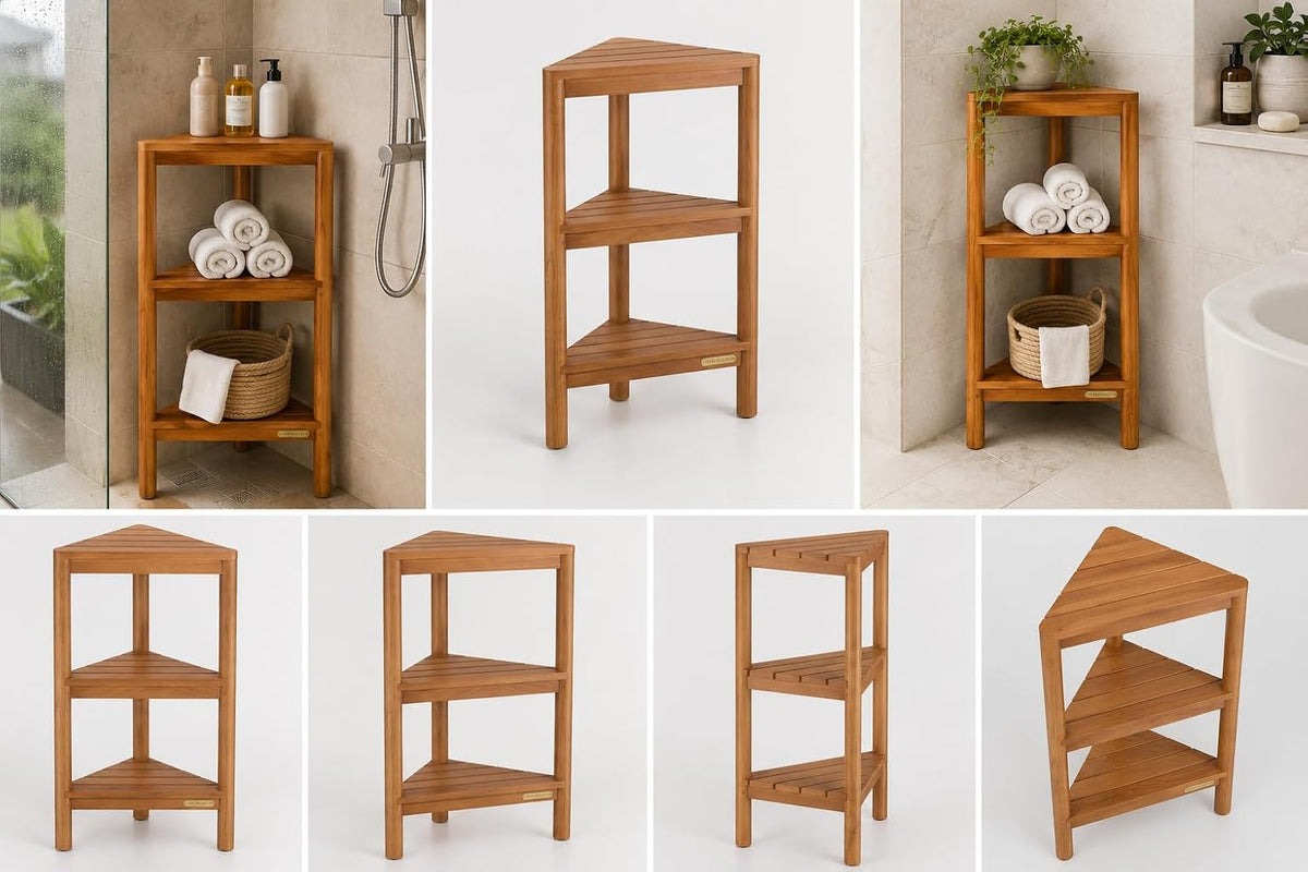 Fully Assembled Teak Corner Shower Shelf, Shower Caddy 26.5"