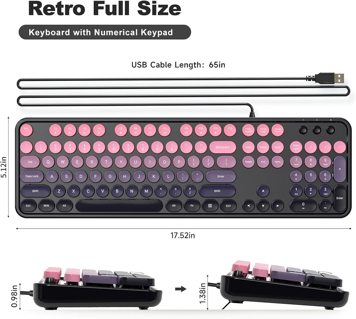 MOFII Wired Keyboard and Mouse Combo, Full-Sized Retro Typewriter Computer Keyboards with Cute Cat Mouse for Windows PC Laptop (Berry Pink)