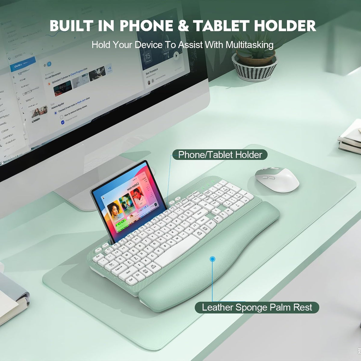 Wireless Keyboard and Mouse Combo, Full-Sized Ergonomic Wave Keys Keyboard with Memory Foam Wrist Rest & Phone Holder, 2.4G Quiet Keyboard Mouse Work Setup for PC Laptop, Office or Home (Mint Green)