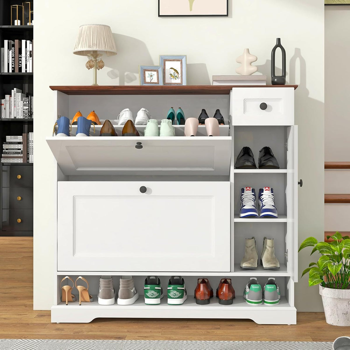 Patiorama Shoe Cabinet with 2 Flip Drawers, Side Cabinet, White