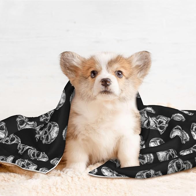 Reversible Pet Blanket for Easy Cleaning Maintenance, Black Skull Head, Double Sided Plush Dot Design Means Double Use Between Washes for Convenience