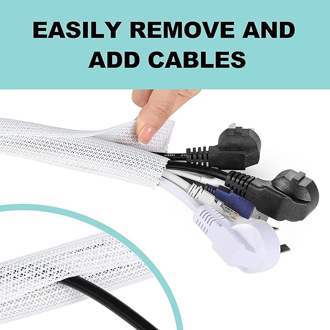 AGPTEK Cable Sleeve Cover, 2Pack 5ft - 1.6 inch Desk Cord Organizer Cable Hider, Home Office Wire Management Computer TV Wire Loom Tubing, Pet Proof Cord Protector, from Cat Dog Chewing, White