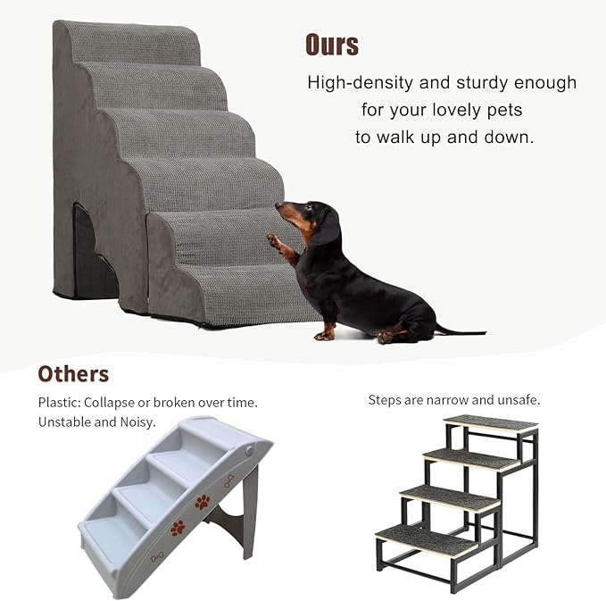 Dog Stairs for High Beds 25-30 inches Tall, 6-Step Dog Steps for High Bed for Doggies/Kitties, 30D Foam Pet Stairs Steps for Small Dogs, Doggie Ramp/Ladder for Old Dogs/Cats, Grey