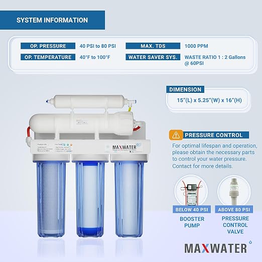 Max Water 5 Stage 100 GPD Reverse Osmosis Water Filtration System + Faucet-B +