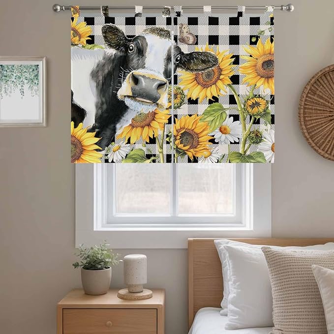 Retro Sunflowers Bedroom Curtains 63 Inch Length, Window Curtains Tab Top