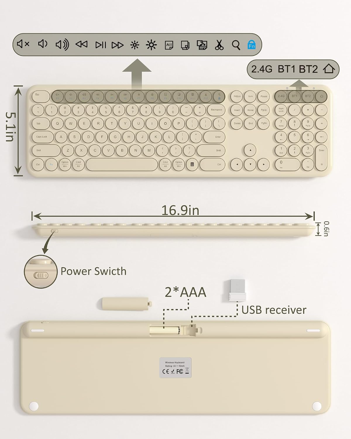 Quiet Wireless Keyboard, Round Keycaps, Low Profile Slim Design (Khaki)