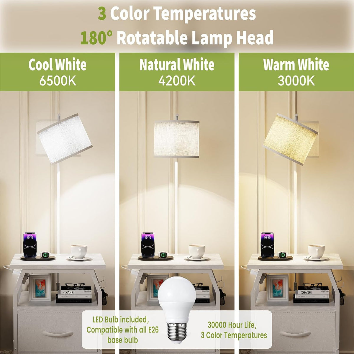 runjuly Floor Lamp with Table, End Table with Light and Charging, White