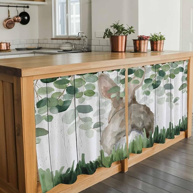 Easter Tier Curtains, Country Rabbit Botanical Leaves Wooden Grain Light