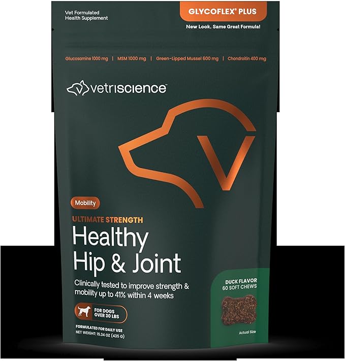 VetriScience Ultimate Strength Healthy Chews– Dog Glycoflex Plus Hip and Joint Supplement Glucosamine, MSM for Dogs & Green Lipped Mussel for Dogs, Duck, 60Count - New Look
