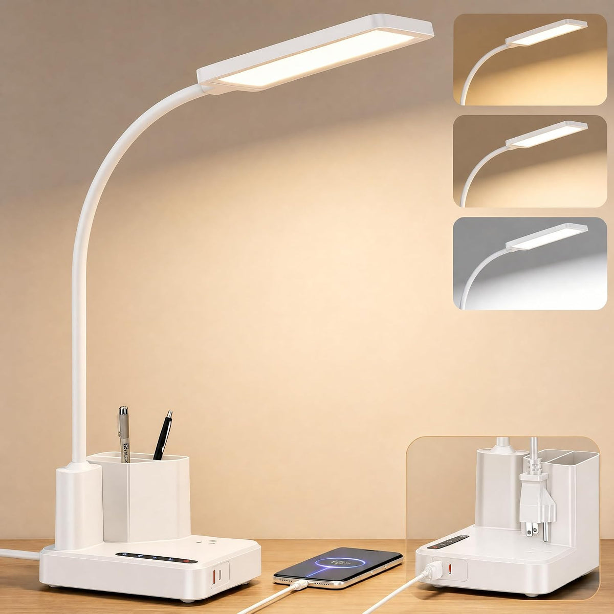 cozoo LED Desk Lamp for Dorm USB A/C Charger Pen Holder 3 Light Modes White