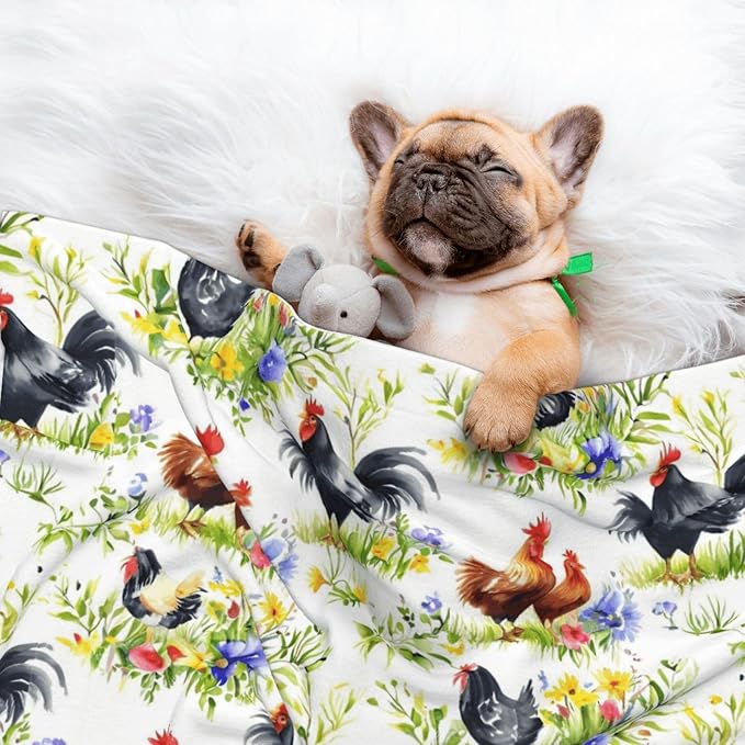 Two Sided Pet Cuddler Blanket for Anxiety Calming, Rooster Chicken Watercolor Flowers, Reversible Plush Design with Bubble Dot Pattern Provides Familiar Surface Anywhere
