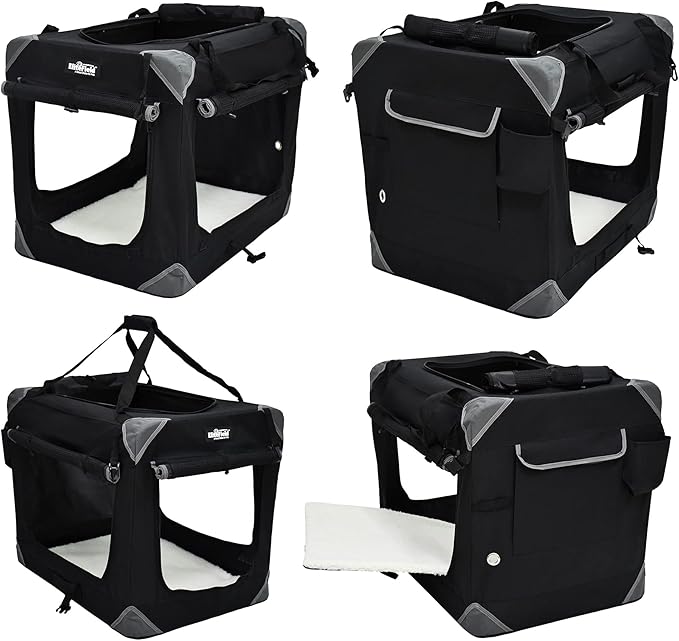 EliteField 4-Door Folding Soft Dog Crate with Curtains, Carrying Bag and Fleece Bed (2 Year Warranty), Indoor & Outdoor Pet Home (20" L x 14" W x 14" H, Black+4 Door Curtains)