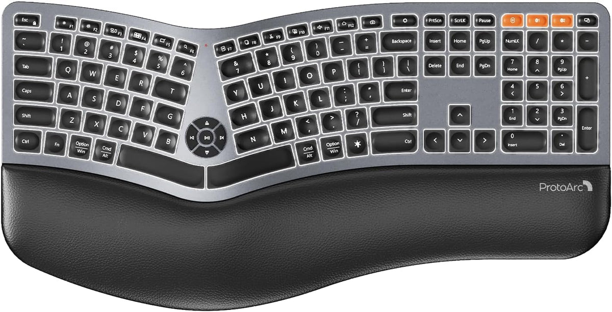 ProtoArc EK01 Plus Backlit Bluetooth Ergonomic Keyboard, Full Size, Grey