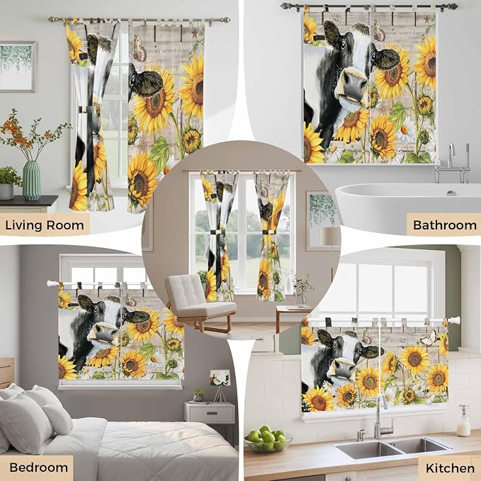 Yellow Sunflowers Bathroom Curtains 63 Inch Length, Window Curtains Tab Top