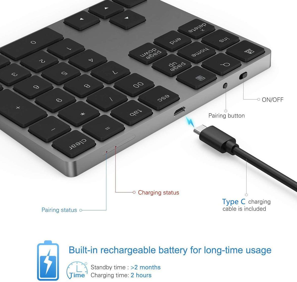 Lekvey Bluetooth Number Pad, Aluminum Rechargeable Wireless Numeric Keypad