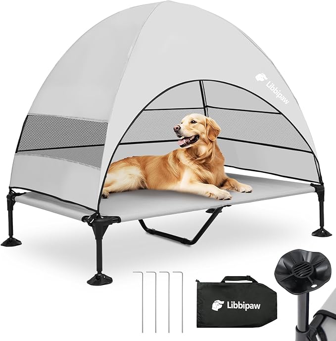 Windproof Elevated Dog Bed with Canopy & Stakes, 3-Sided 90% UV Block, Chew-Proof Teslin Mesh Mat for Large Dogs up to 150lbs(Grey X-Large)