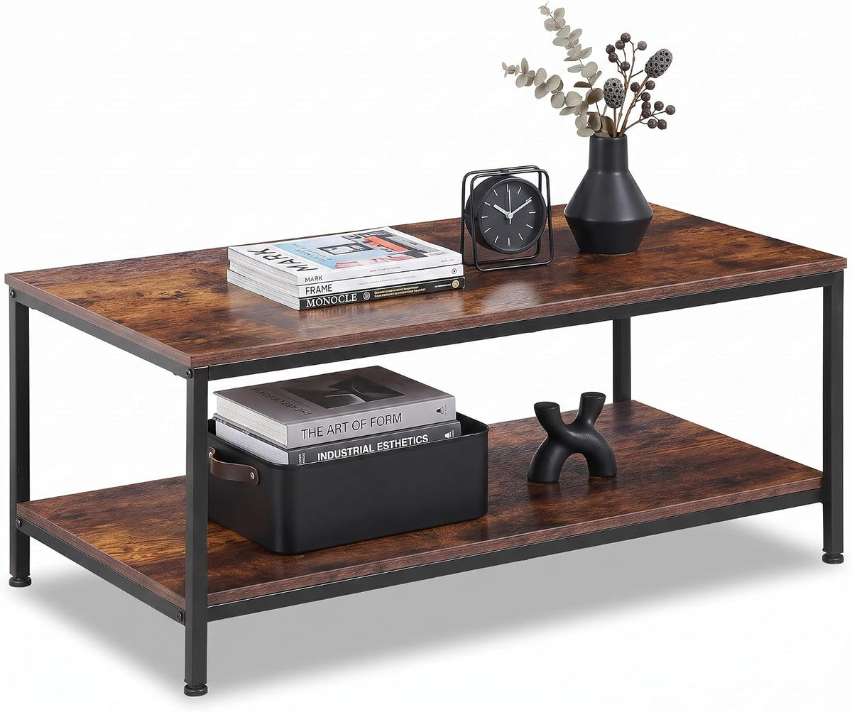 SUPER DEAL 2-Tier Coffee Table with Storage Shelf for Small Apartment Living Room, Rectangle Wood and Stable Metal TV Stand Side End Table, Rustic Brown