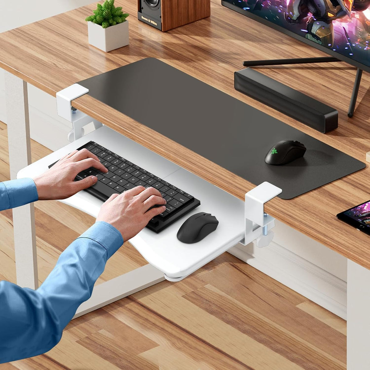 suptek Small Keyboard Tray Under Desk Pull Out with C Clamp Mount, Computer Keyboard & Mouse Tray, 20 (24.2 Including Clamps) x 11.8 inch Slide-Out Platform Computer Drawer for Typing, White, DSF1SW