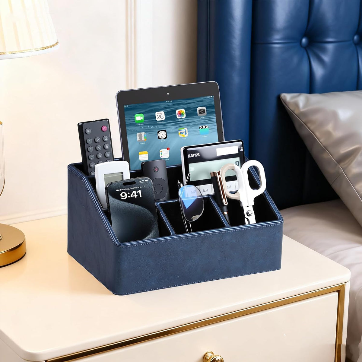 PU Leather Desk Organizer, Remote Control Holder (Dark Blue)