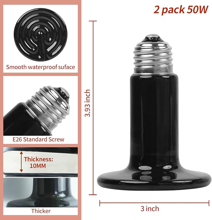 50W Ceramic Heat Emitter (2 Pack), Reptile Heat Lamp Bulbs, Ceramic Heater for Amphibian, Pet Brooder Coop, Chicken, Dog, Cat