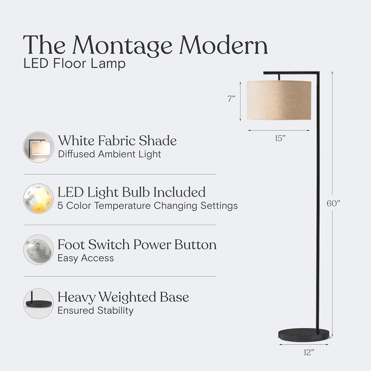 Brightech Montage Modern Floor Lamp - LED Standing Lamp with Tan Shade for Living Rooms & Offices - Bedroom Reading Light - Tall Corner Pole Lamp for Contemporary Home Decor - Black