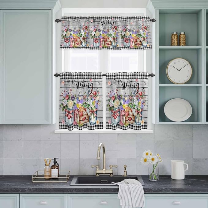 Spring Flowers Kitchen Curtain Set, Farmhouse Black Plaid Wood Grain Window