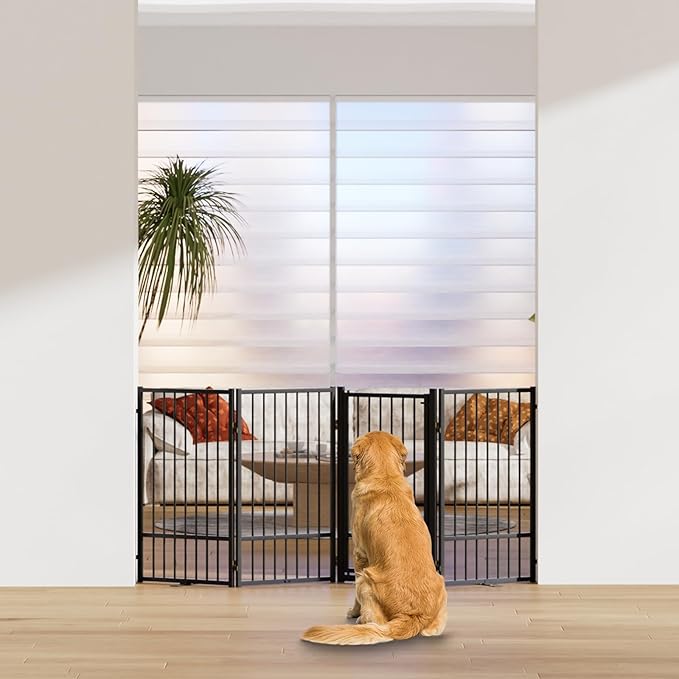 Full Metal Freestanding Dog Gate with Door, 36''Height Foldable Pet Dog Fence for Indoor & Outdoor, 4 Panels Extra Wide Free Standing TallDog Gates for Doorways,House,Stairs,Porch,Deck,Yard