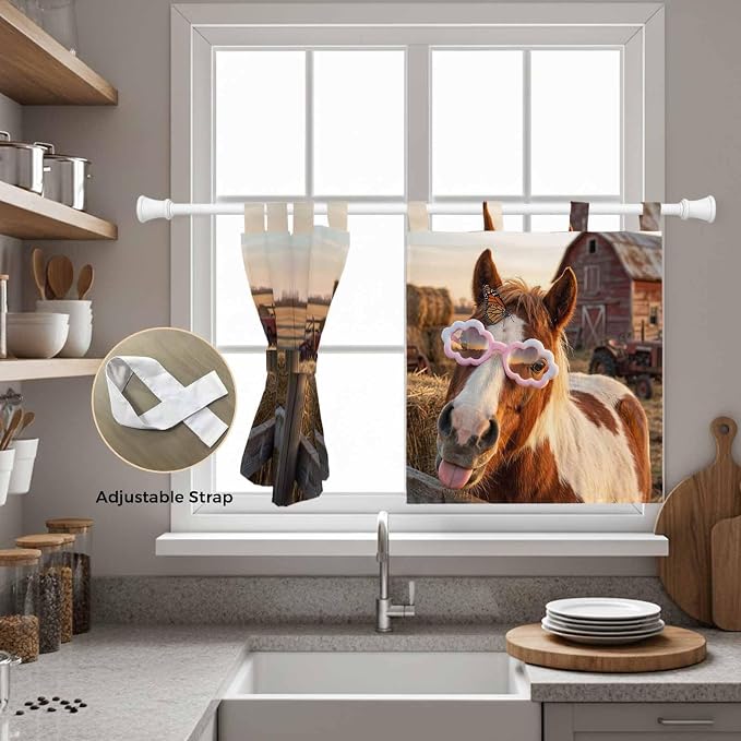 Farm Horses Kitchen Curtains 24 Inch Length, Small Window Curtains Tab Top