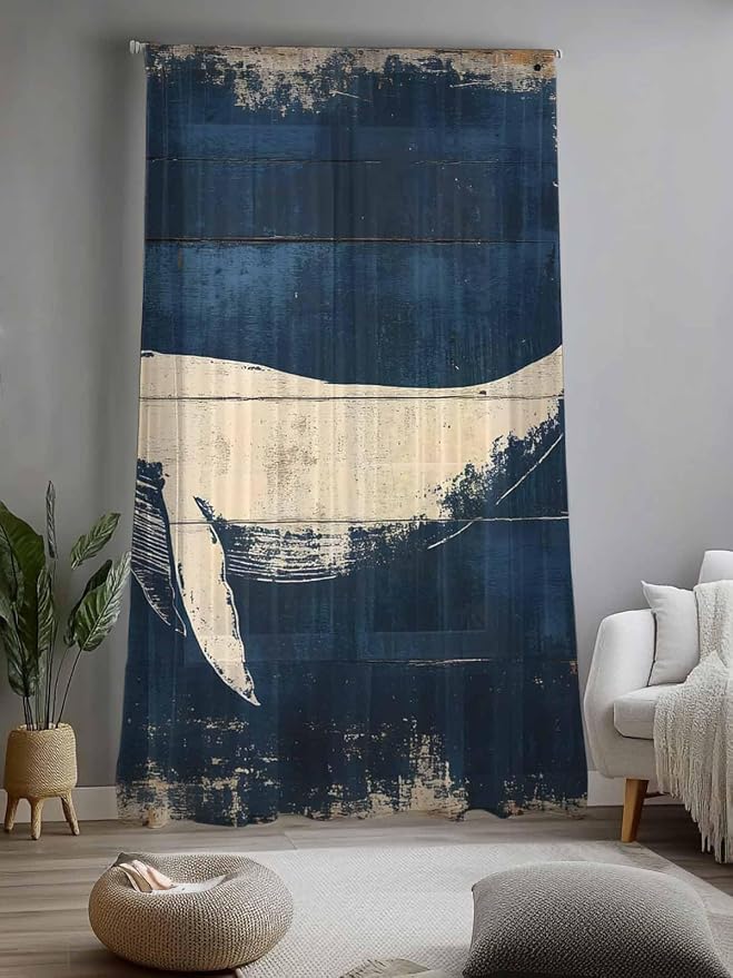 Sheer Curtains 108 Inches Long, Ocean Whale Blue Semi Sheer Curtains Light