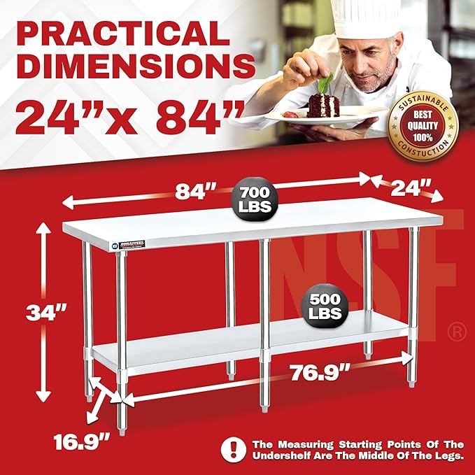 DuraSteel 24x84 Stainless Steel Work Table - NSF Commercial Prep Metal Table - Outdoor Pizza Oven Stand w/Under Shelf - Kitchen Island Laundry Utility Garage Microwave Stand Large Rolling Storage Cart