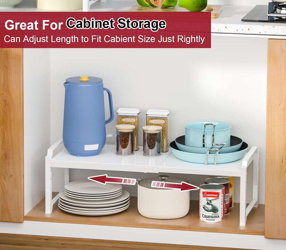 X-cosrack 12" Wide 100LBS Loading-Bearing Heavy Duty Kitchen Storage Shelf, Expandable Cabinet Shelf Organizer, Stackable Adjustable Storage Shelves for Kitchen Cabinet Cupboard Pantry Counter