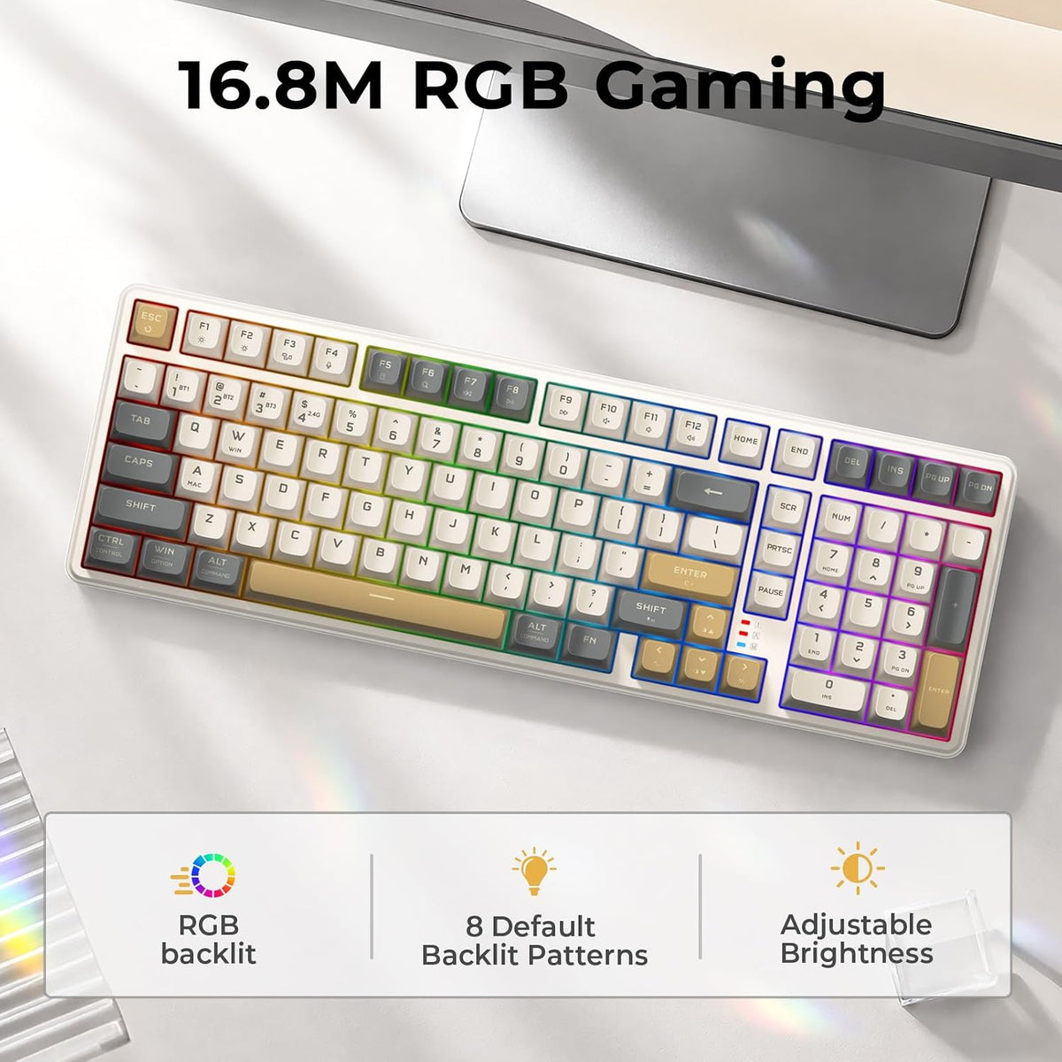 Redragon K528 Wireless Gaming Keyboard Bluetooth Computer Keyboards Creamy Cute with Number Pad RGB Backlit Tri-Mode BT/2.4GHz/USB-C, 4000mAh Battery for Win/MAC- Dusty Olive
