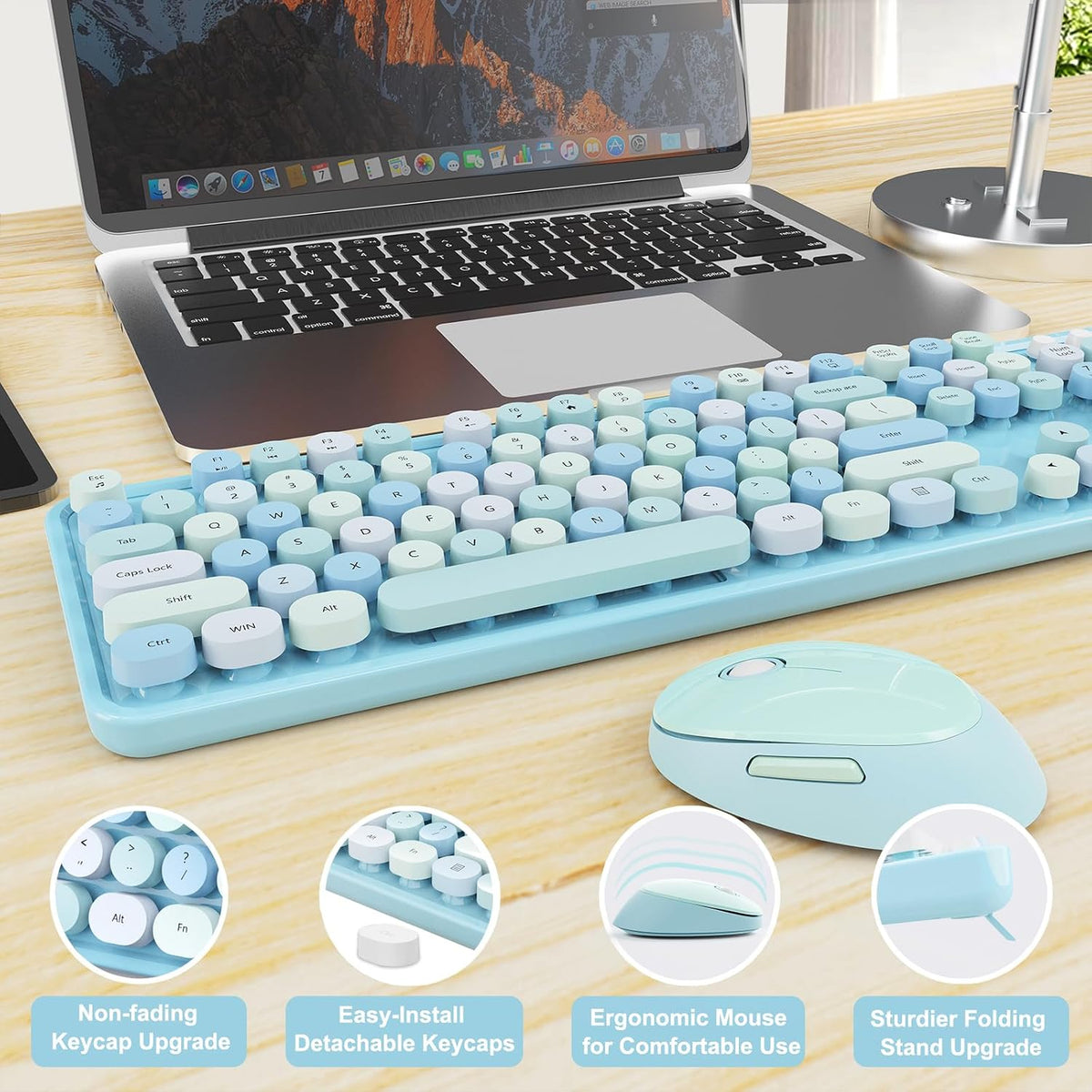 Wireless Keyboard and Mouse Combo, Ergonomic Full Size Typewriter Retro Round Keycaps Keyboard, Compatible with Windows, PC, Perfer for Home and Office Keyboards (Blue