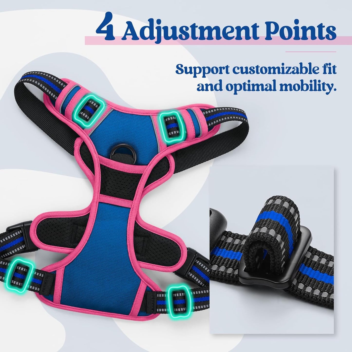 rabbitgoo Dog Harness No Pull with 2 Leash Clips, Adjustable Soft Padded, Reflective Oxford No Choke Pet Vest with Easy Control Handle for Large Dogs, Blue & Hot Pink, M