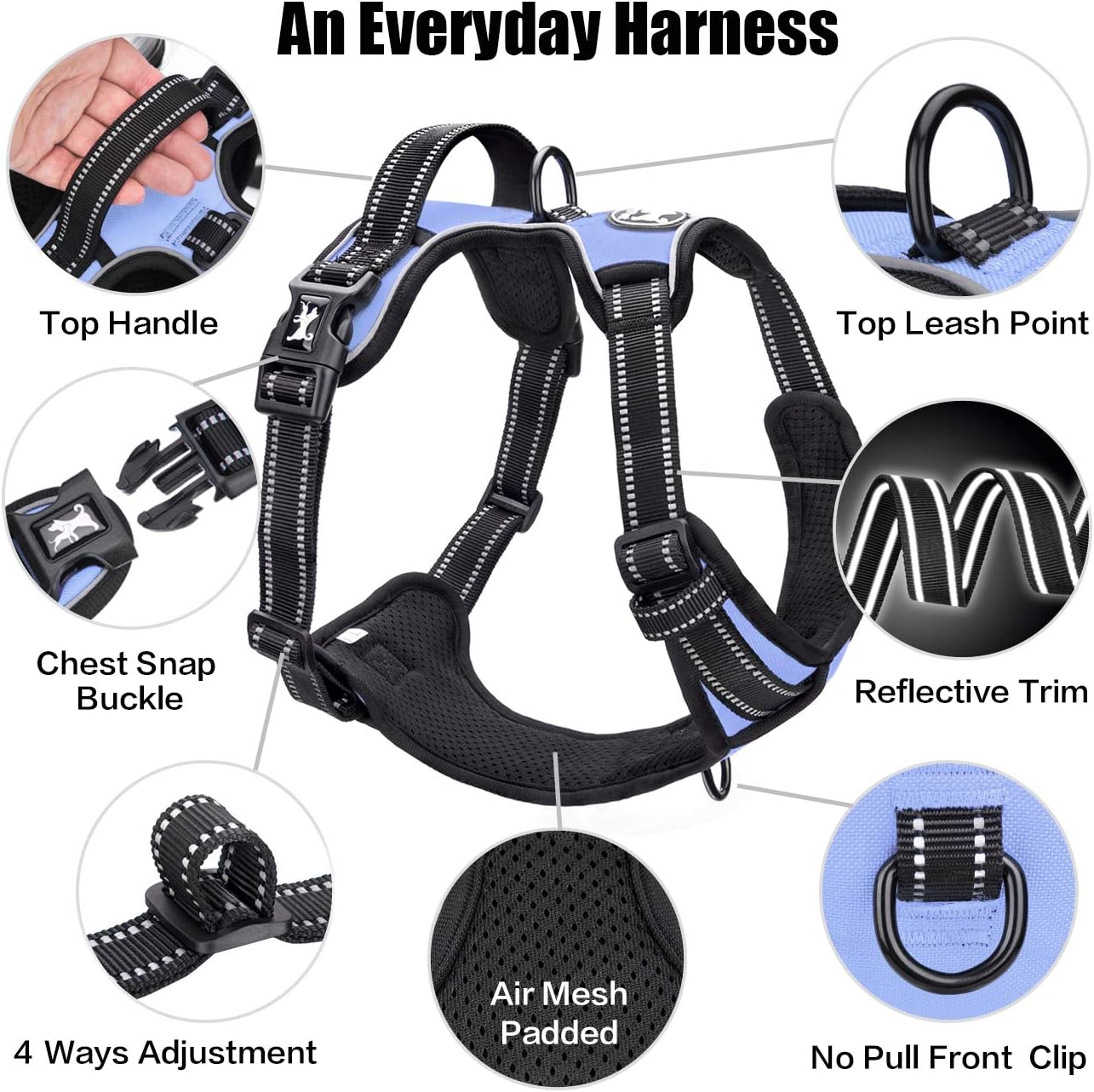 PoyPet No Pull Dog Harness, Reflective Comfortable Vest Harness with Front & Back 2 Leash Attachments and Easy Control Handle Adjustable Soft Padded Pet Vest for Small to Large Dogs (Light Blue,S)
