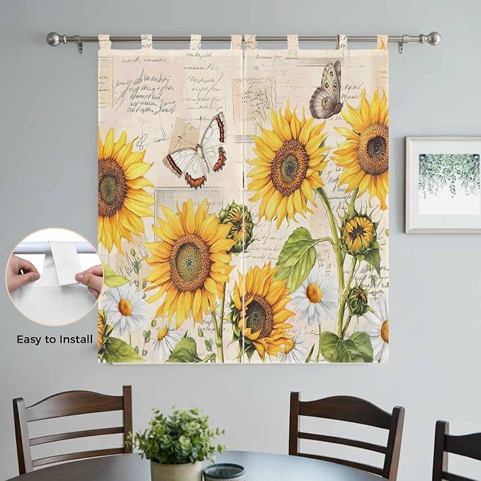 Yellow Sunflowers Bathroom Curtains 63 Inch Length, Window Curtains Tab Top
